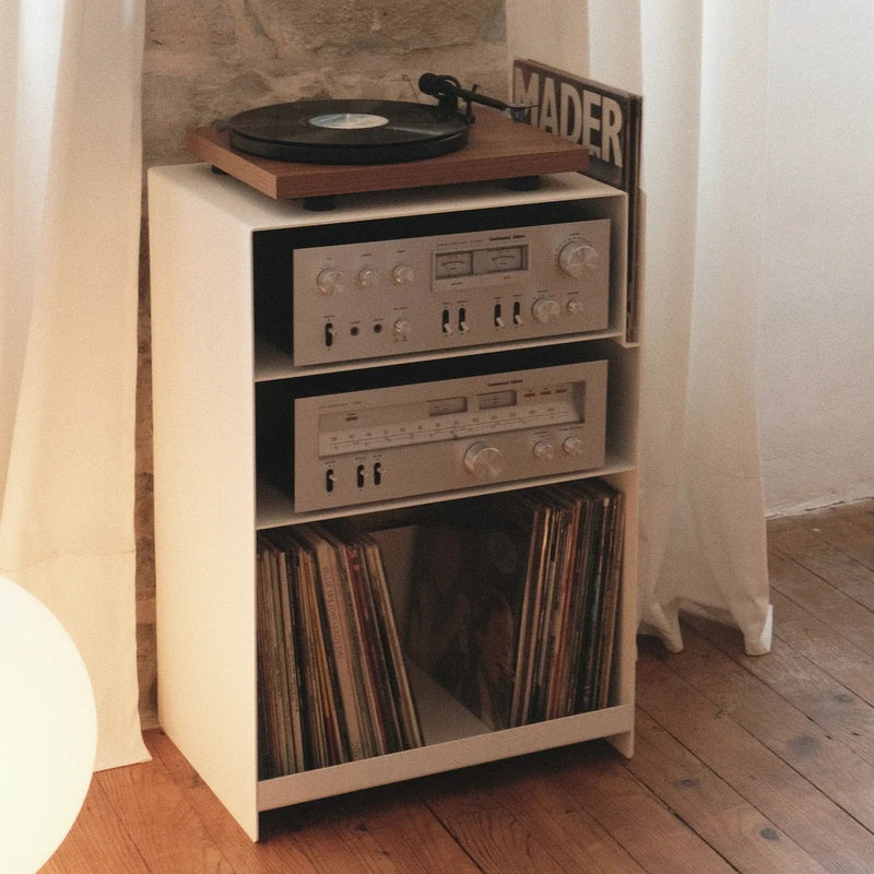 Witte LOIA La Console Acier platenkast met platenspeler, versterker, tuner en opbergruimte voor vinylplaten