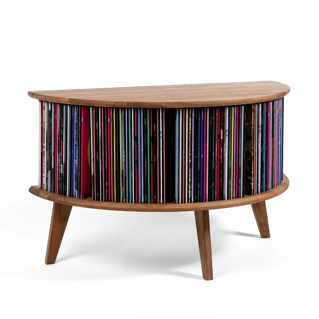 Eikenhouten Display LUNA platenkast met platenspeler, vinylcollectie en houten luidsprekerpanelen in een modern interieur