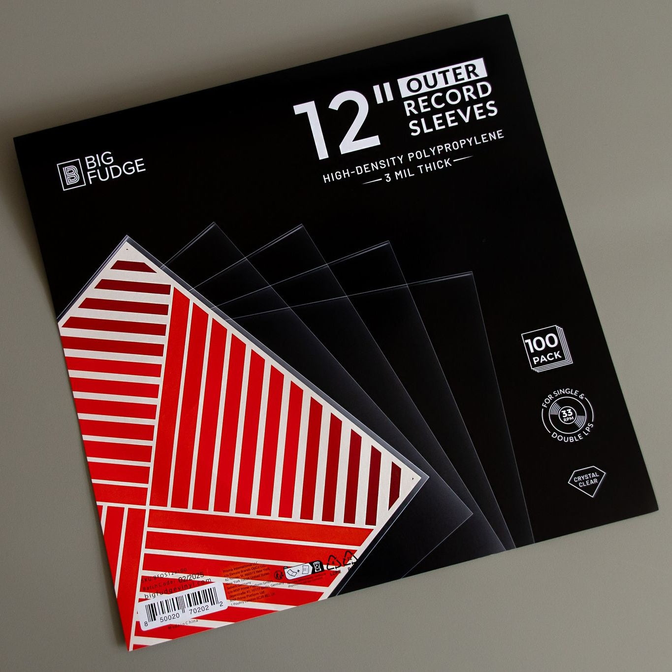 Verpakking met 100 kristalheldere Big Fudge buitenhoezen van 3 mil HDPP voor het beschermen van 12-inch vinylplaten en lp-hoezen