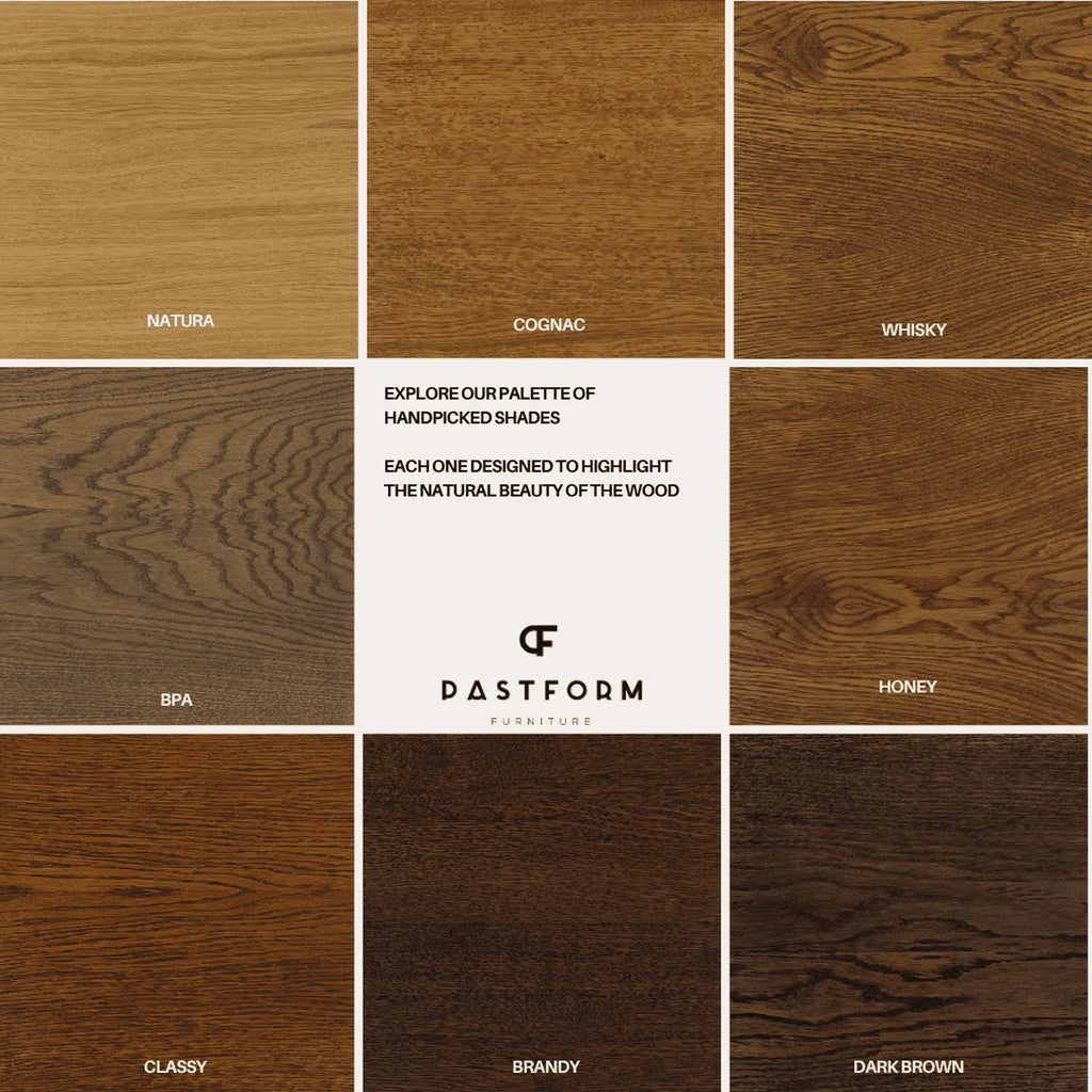 Overzicht van de houtkleuren Natura, Cognac, Whisky, BPA, Honey, Classy, Brandy en Dark Brown voor het LOTV platenmeubel