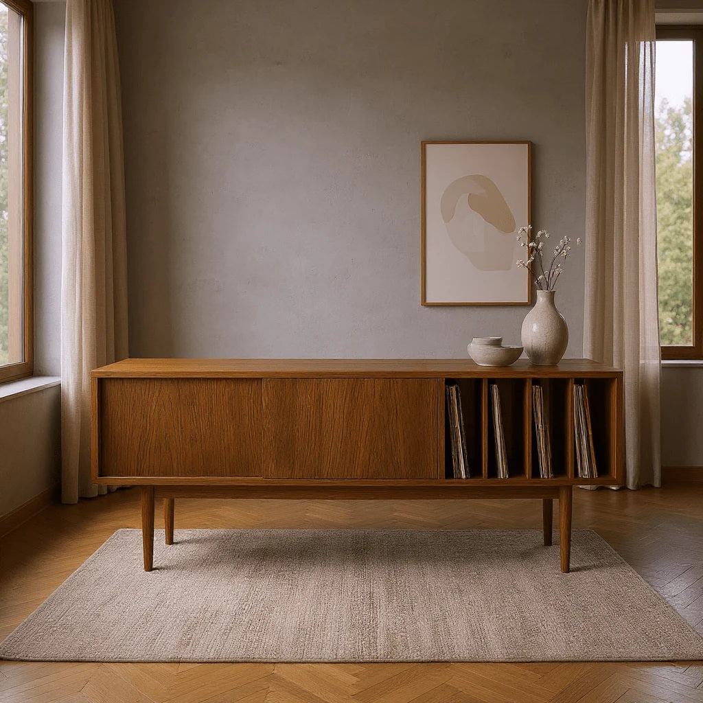 LOTV Vinyl Slide sideboard van natuurlijk hout met schuifdeuren en platenvakken in een rustig interieur