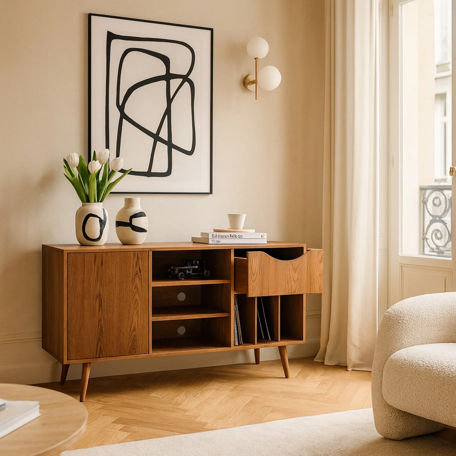 KRON VINYL platenkast sideboard van massief hout met lade, audiovakken en verticale opbergruimte voor lp’s in een lichte woonkamer