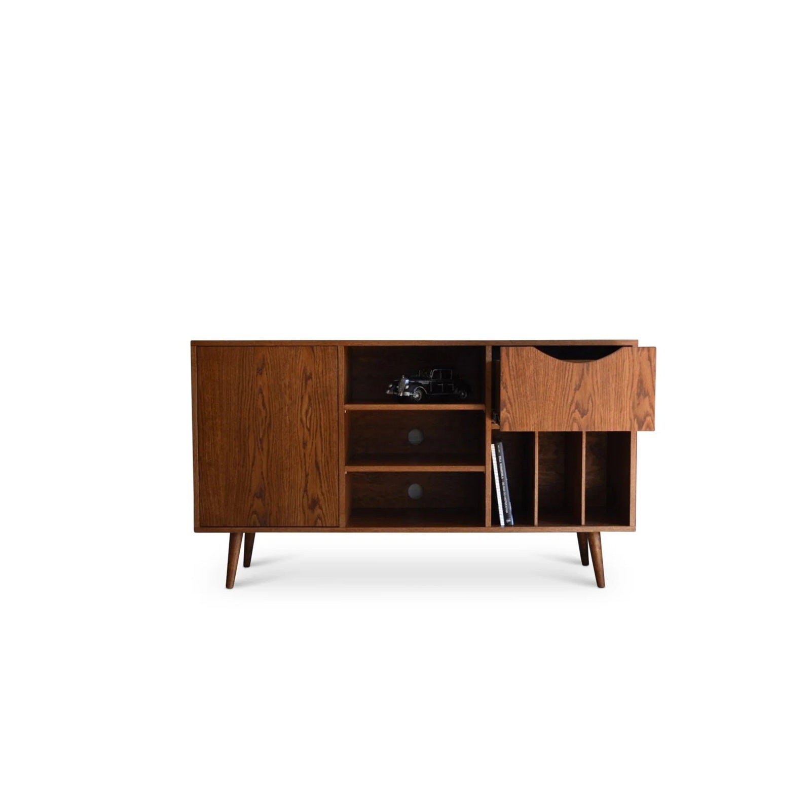 Vrijstaande KRON VINYL platenkast in de kleur Classy met lade, kabelopeningen en drie verticale vakken voor lp-opslag