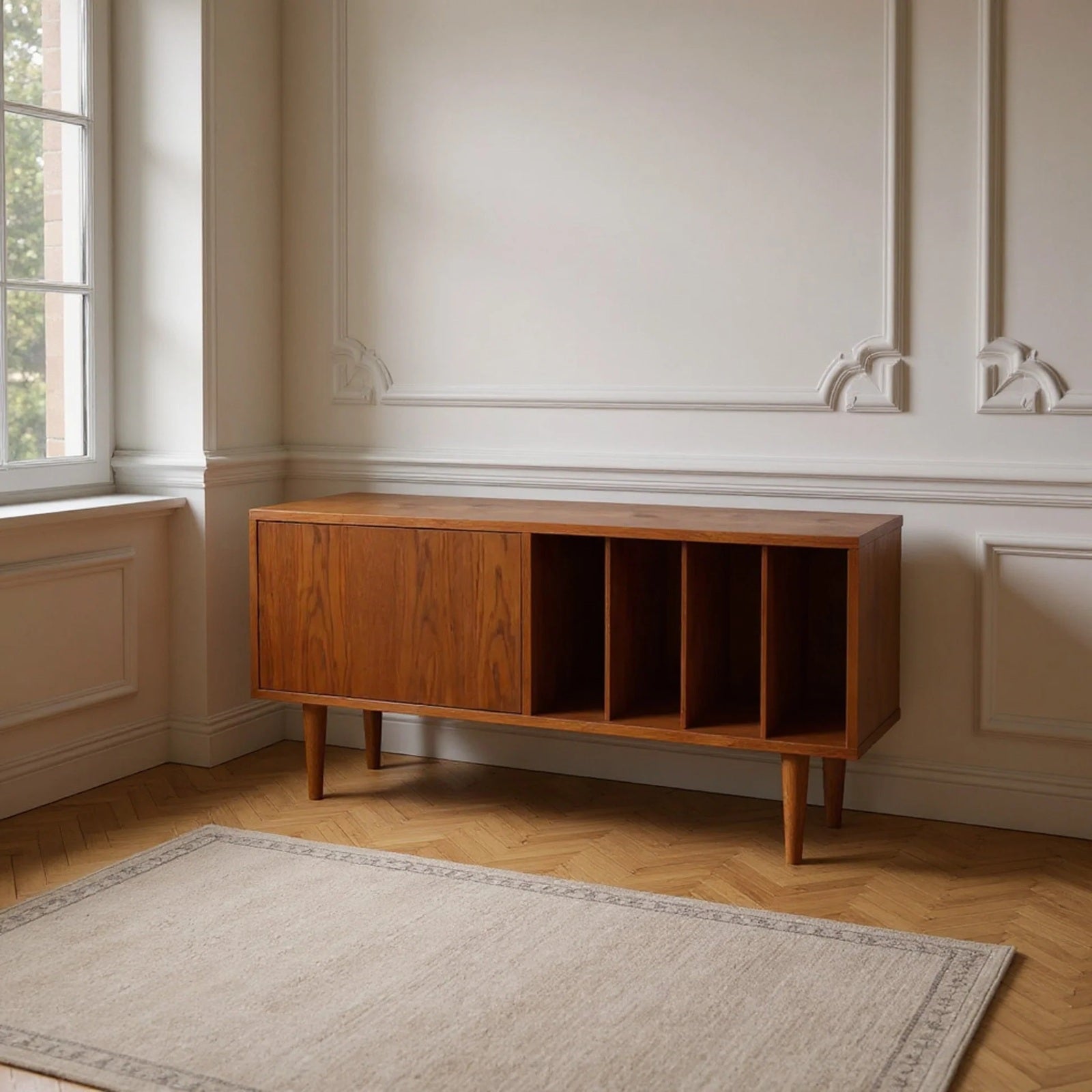 Lege houten MINI VINYL TV platenkast met gesloten kastdeel en verticale vakken voor vinylplaten