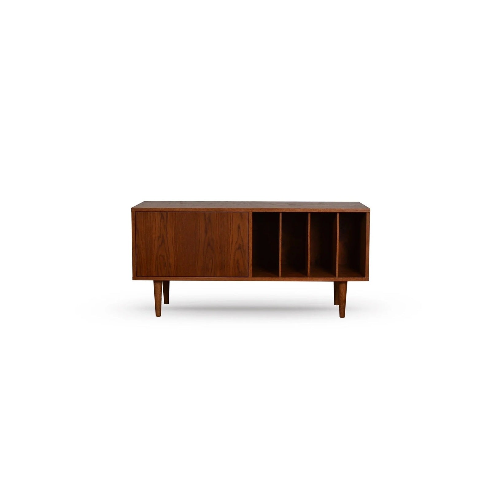 Vrijstaand MINI VINYL TV platenmeubel van natuurlijk hout met kastdeur en vier vakken voor platen
