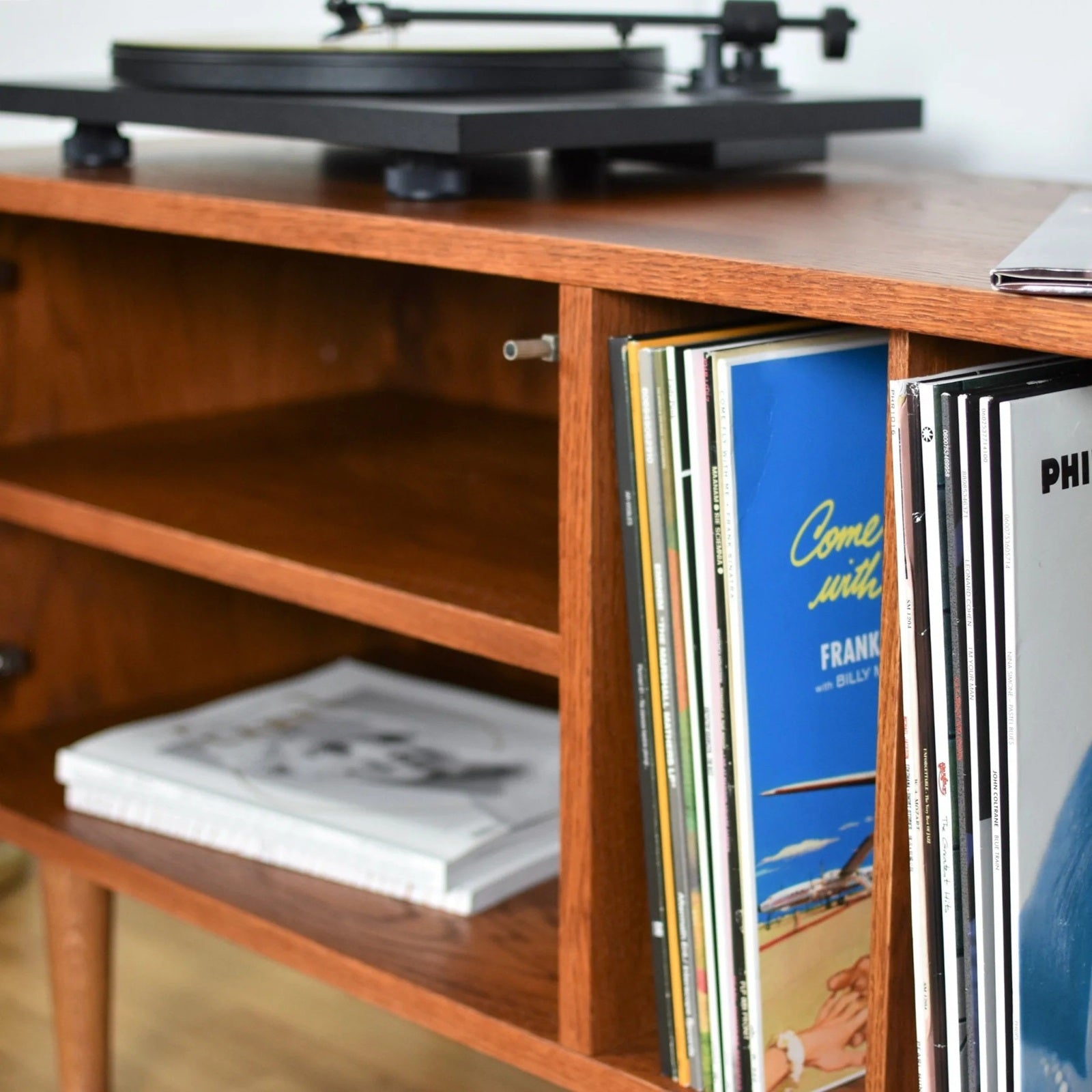 Detail van de MINI VINYL TV platenkast met platenspeler, open opbergvakken en rechtop geplaatste lp’s