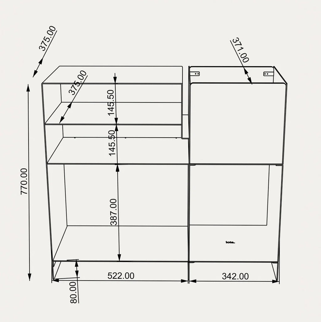 Technische maattekening van het LOIA Le Meuble Digger meubel van 77 cm hoog en 86,5 cm breed