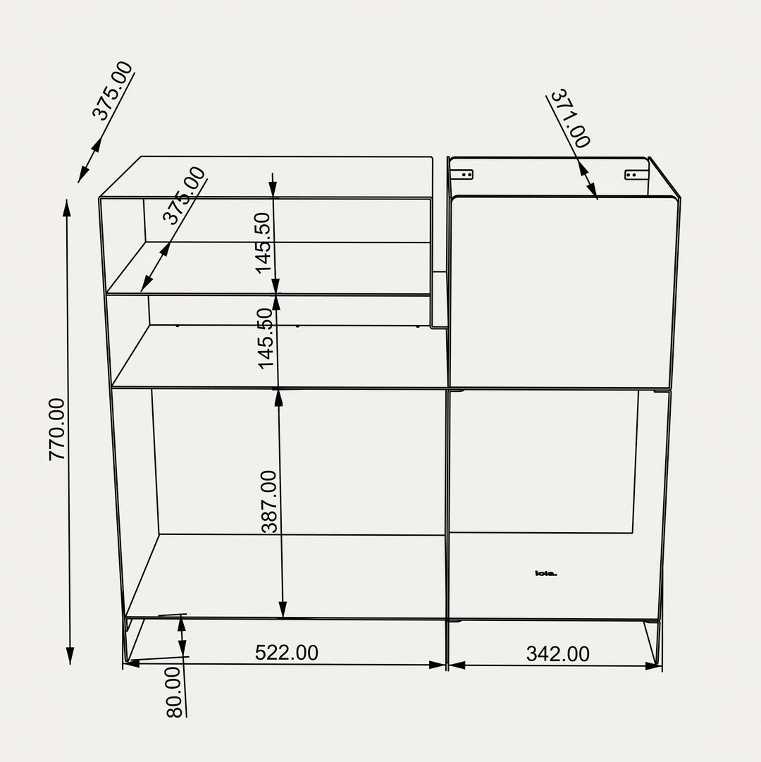 Technische maattekening van het LOIA Le Meuble Digger meubel van 77 cm hoog en 86,5 cm breed