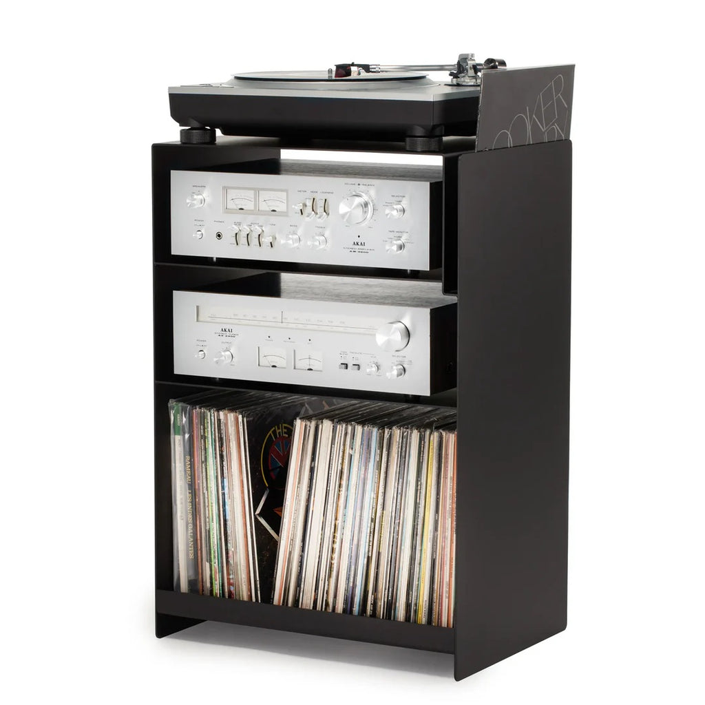 LOIA platenspelermeubel van zwart gepoedercoat staal met twee open schappen en ruimte voor een grote lp-collectie