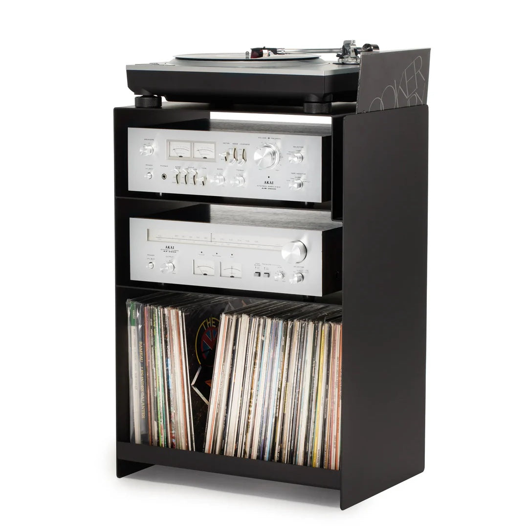 LOIA platenspelermeubel van zwart gepoedercoat staal met twee open schappen en ruimte voor een grote lp-collectie