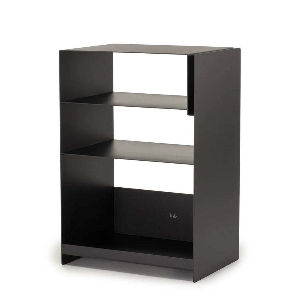 Lege zwarte LOIA La Console Acier platenkast met twee hifi-schappen en onderste vak voor lp-opslag