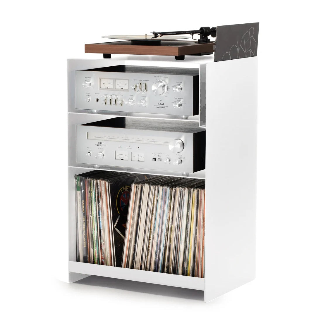 LOIA platenspelermeubel van wit gepoedercoat staal met twee open schappen en ruimte voor een grote lp-collectie
