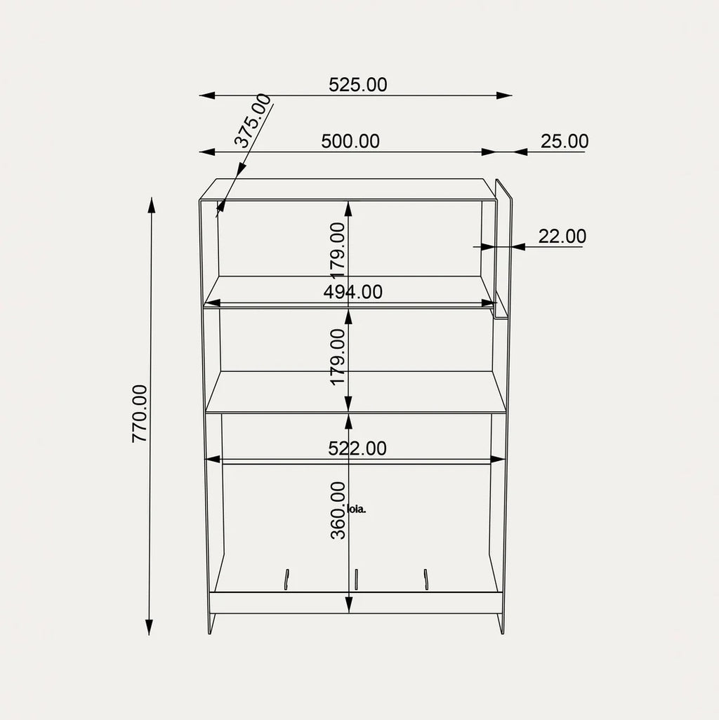 Technische maattekening van de LOIA La Console Acier van 77 cm hoog, 52,5 cm breed en 37,5 cm diep