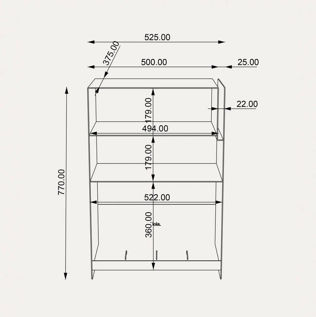 Technische maattekening van de LOIA La Console Acier van 77 cm hoog, 52,5 cm breed en 37,5 cm diep