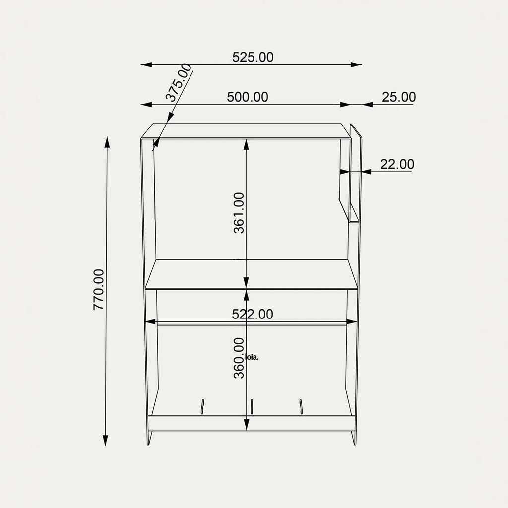 Maattekening van de LOIA La Console Acier II platenkast van 77 cm hoog en 52,5 cm breed