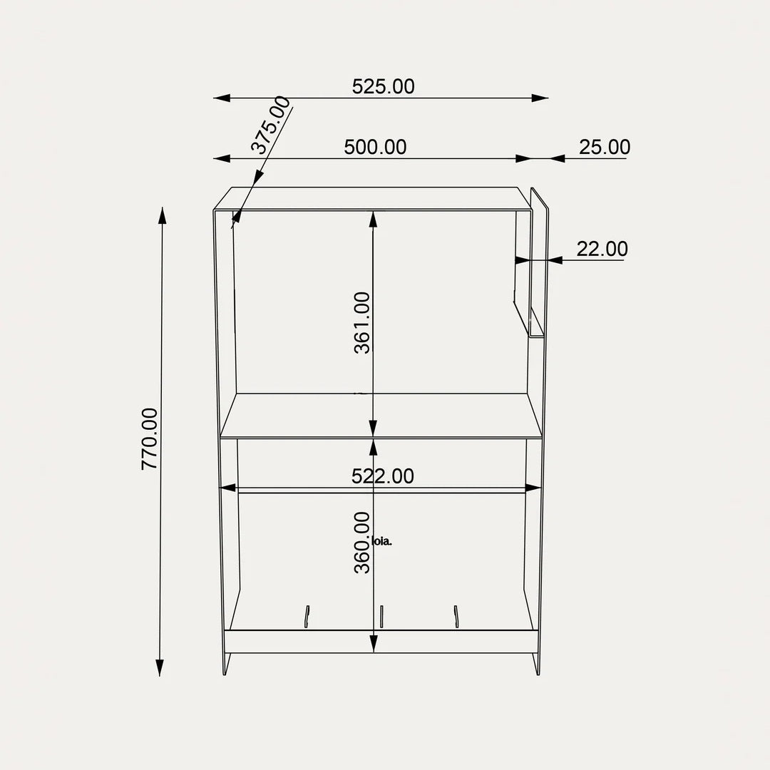Maattekening van de LOIA La Console Acier II platenkast van 77 cm hoog en 52,5 cm breed