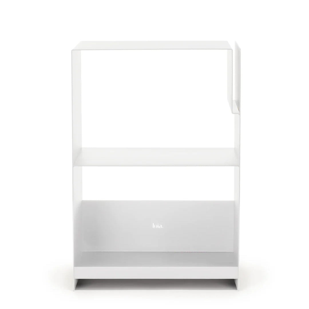 Witte LOIA La Console Acier II platenkast van gepoedercoat staal voor platenspeler, hifi en vinylplaten vooraanzicht