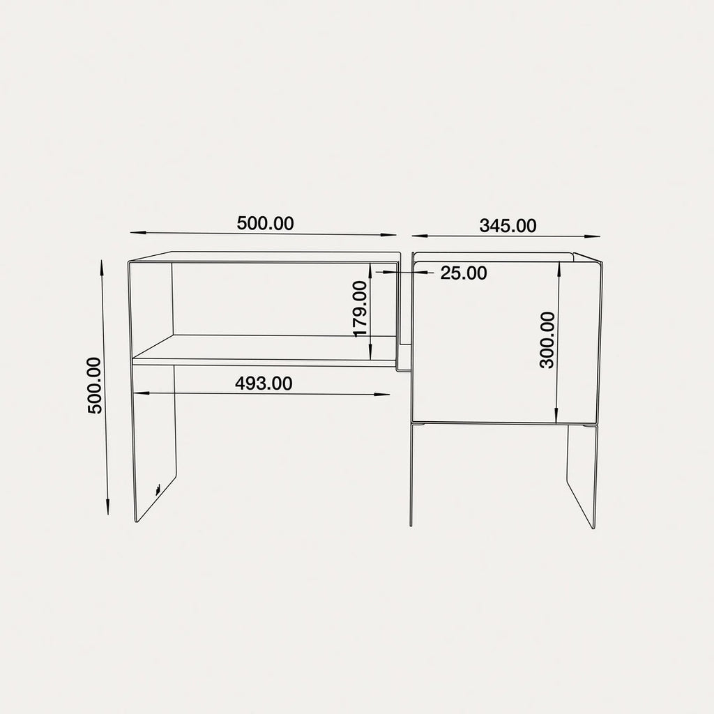 Technische maattekening van het LOIA La Console platenmeubel van 50 cm hoog met LP-opslag en hifi-vak