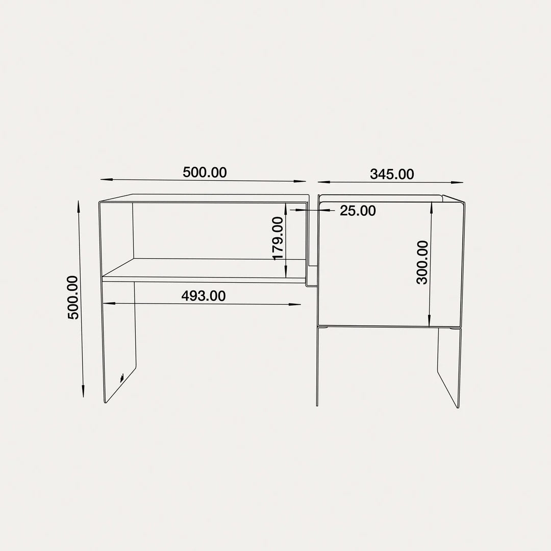 Technische maattekening van het LOIA La Console platenmeubel van 50 cm hoog met LP-opslag en hifi-vak