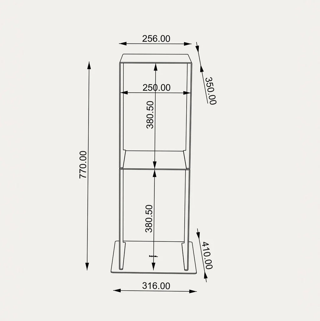 Technische maattekening van de LOIA Le Pied speakerstand van 77 cm hoog en 35 cm diep