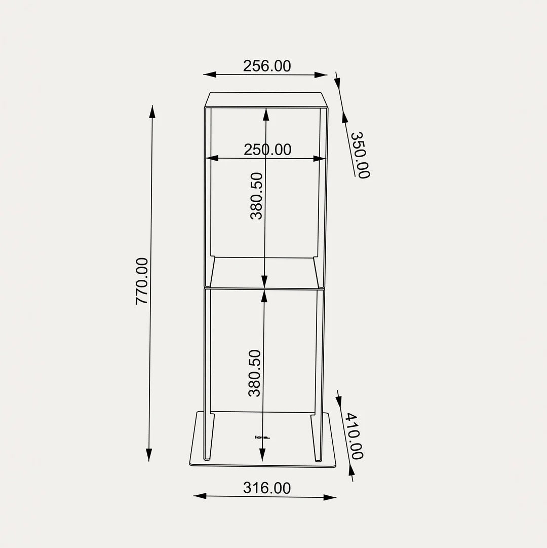 Technische maattekening van de LOIA Le Pied speakerstand van 77 cm hoog en 35 cm diep