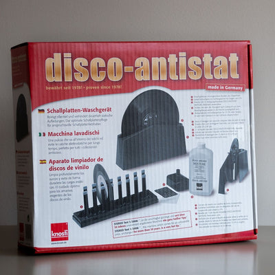 Verpakking van de Knosti Disco-Antistat platenwasser met reinigingsbak, droogrek en vloeistof voor het reinigen van vinylplaten