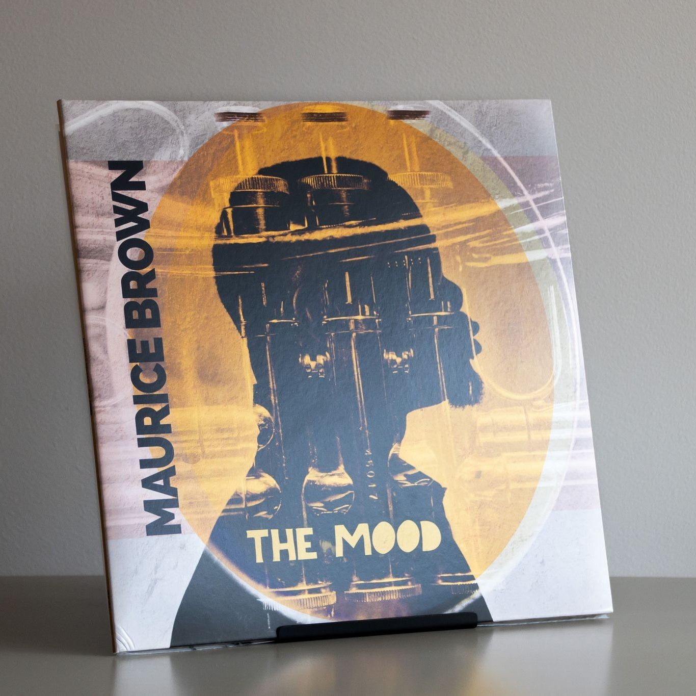 Zwarte Penguin x MOEBE platenhouder met een lp-hoes stijlvol rechtop gepresenteerd